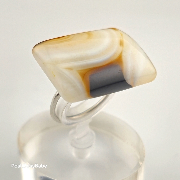 Hand Crafted Jewelry - Handmade Banded Onyx Ring | Adjustable Stainless Steel Band
